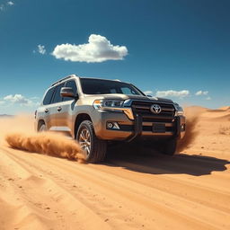 A Toyota Land Cruiser driving on a sandy road, surrounded by beautiful desert scenery