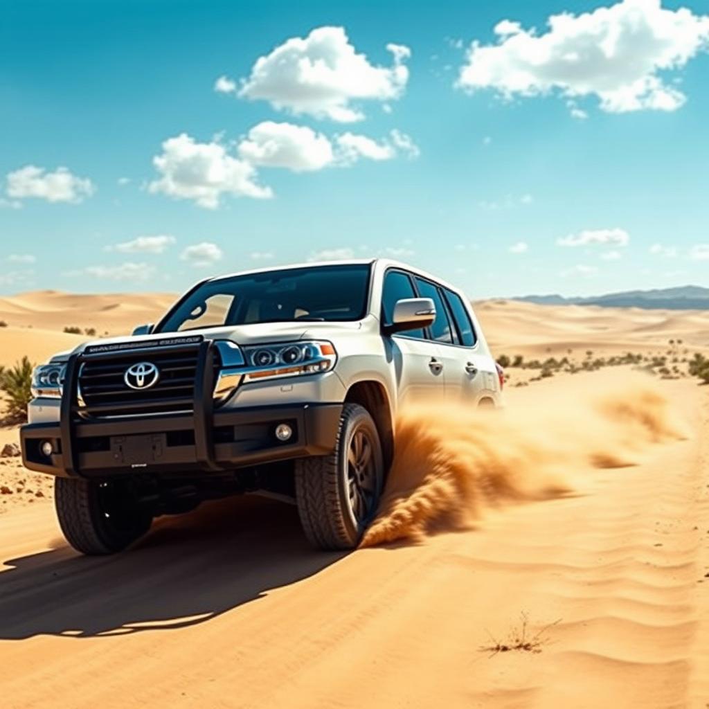 A Toyota Land Cruiser driving on a sandy road, surrounded by beautiful desert scenery