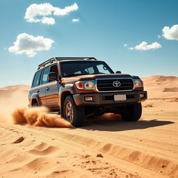 A Toyota Land Cruiser driving on a sandy road, surrounded by beautiful desert scenery