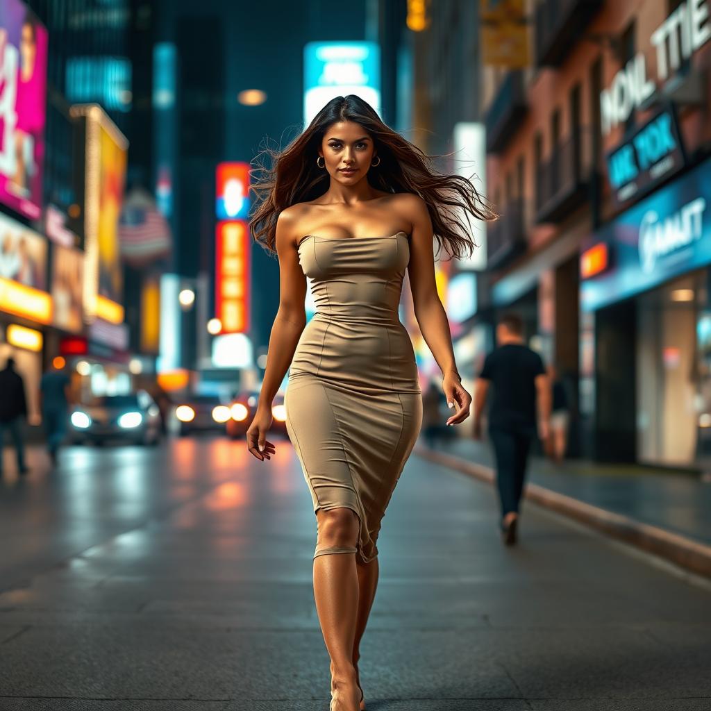 A stunning, confident woman with a sultry expression strutting down a vibrant city street, wearing a chic and form-fitting dress that highlights her curves