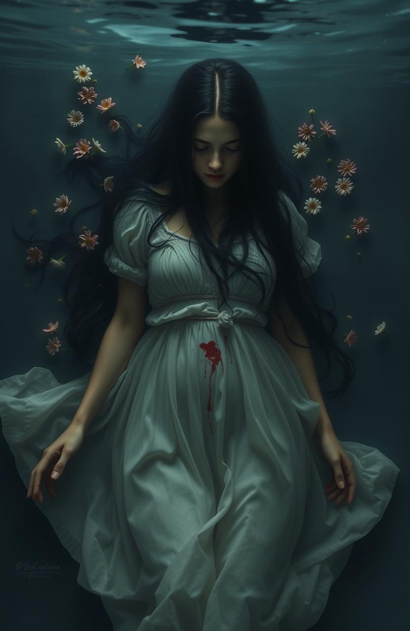 An ethereal scene inspired by classical old paintings, featuring a 25-year-old girl with long, flowing black hair that appears almost angelic