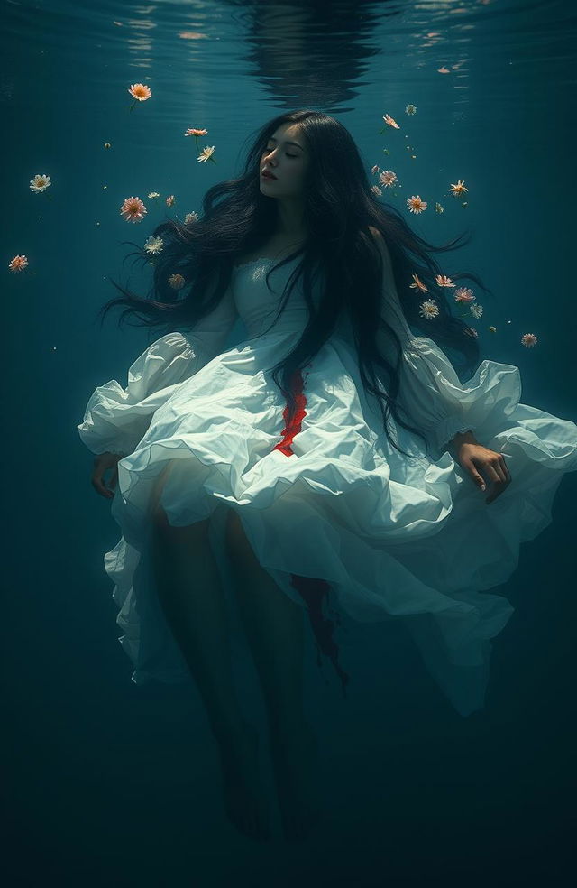 An ethereal scene inspired by classical old paintings, featuring a 25-year-old girl with long, flowing black hair that appears almost angelic