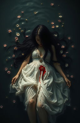 An ethereal scene inspired by classical old paintings, featuring a 25-year-old girl with long, flowing black hair that appears almost angelic