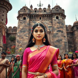 A breathtaking and ultra HD image of a towering fort made of stone, adorned with long flowing curtains and surrounded by vibrant flower plants