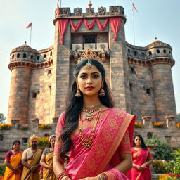 A breathtaking and ultra HD image of a towering fort made of stone, adorned with long flowing curtains and surrounded by vibrant flower plants