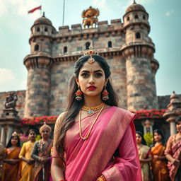 A breathtaking and ultra HD image of a towering fort made of stone, adorned with long flowing curtains and surrounded by vibrant flower plants
