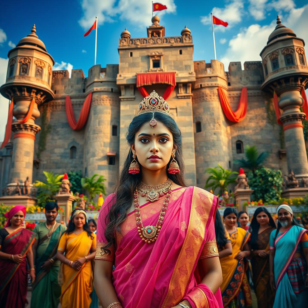 A breathtaking and ultra HD image of a towering fort made of stone, adorned with long flowing curtains and surrounded by vibrant flower plants