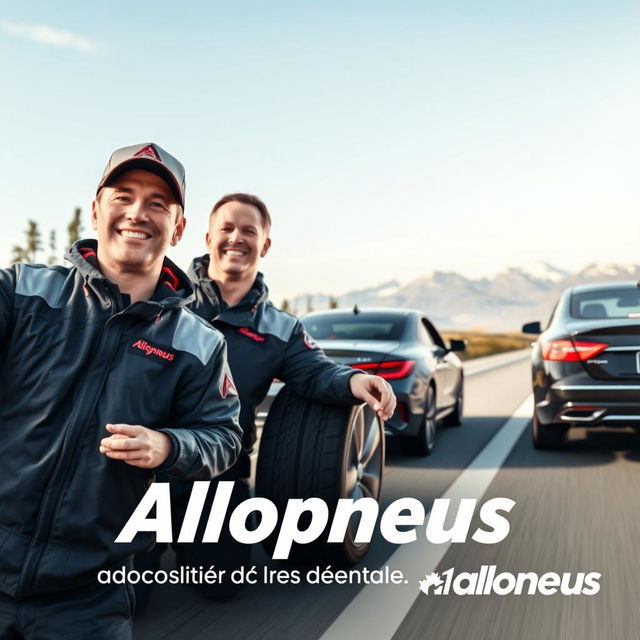 Affiche publicitaire dynamique pour l'entreprise Allopneus, montrant des travailleurs professionnels en uniforme, en train de changer les pneus d'une voiture sur une route canadienne