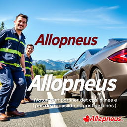 Affiche publicitaire dynamique pour l'entreprise Allopneus, montrant des travailleurs professionnels en uniforme, en train de changer les pneus d'une voiture sur une route canadienne