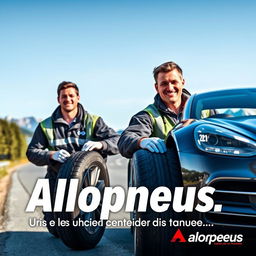 Affiche publicitaire dynamique pour l'entreprise Allopneus, montrant des travailleurs professionnels en uniforme, en train de changer les pneus d'une voiture sur une route canadienne