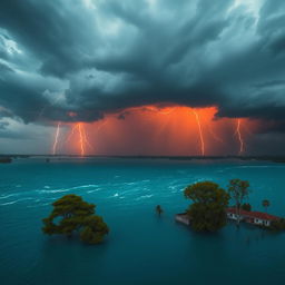 A dramatic scene depicting a stormy sky with vibrant orange lightning illuminating the dark clouds