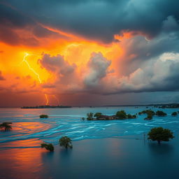 A dramatic scene depicting a stormy sky with vibrant orange lightning illuminating the dark clouds