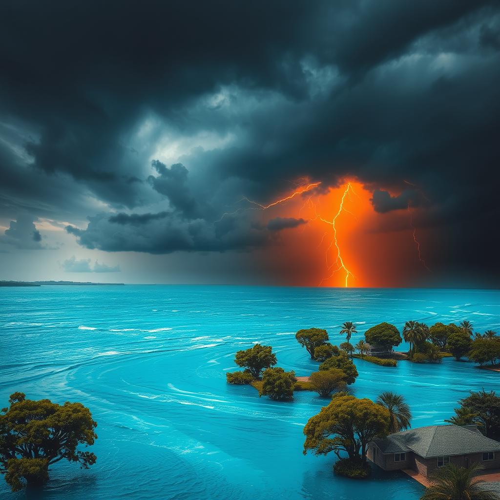 A dramatic scene depicting a stormy sky with vibrant orange lightning illuminating the dark clouds