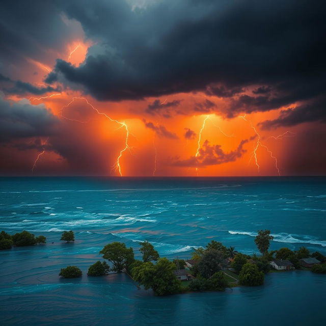 A dramatic scene depicting a stormy sky with vibrant orange lightning illuminating the dark clouds