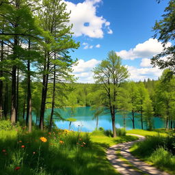 A serene landscape featuring a lush green forest with tall trees and vibrant wildflowers in bloom