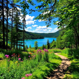 A serene landscape featuring a lush green forest with tall trees and vibrant wildflowers in bloom