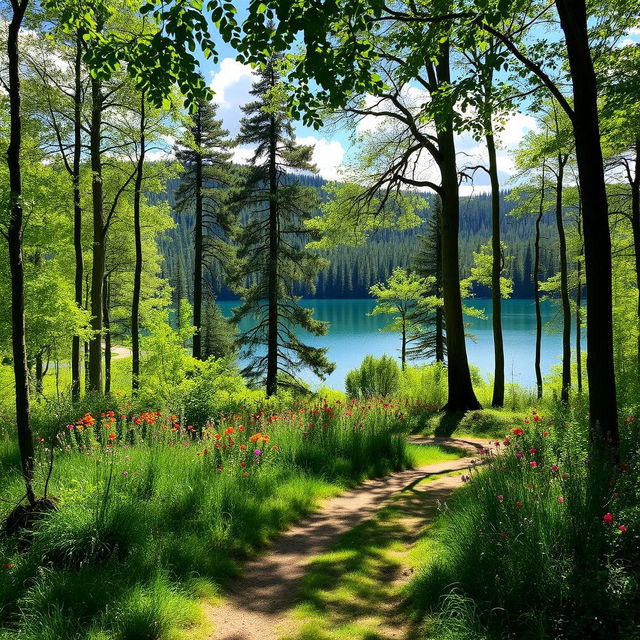 A serene landscape featuring a lush green forest with tall trees and vibrant wildflowers in bloom