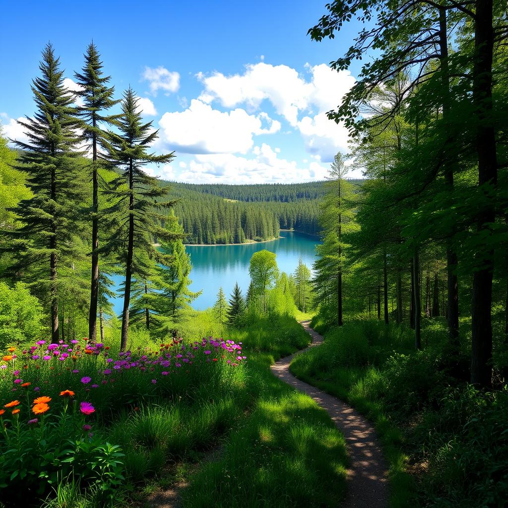 A serene landscape featuring a lush green forest with tall trees and vibrant wildflowers in bloom