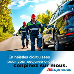 Affiche publicitaire captivante pour l'entreprise Allopneus, montrant des travailleurs professionnels et compétents en train de changer les pneus d'une voiture sur le bord de la route