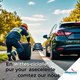 Affiche publicitaire captivante pour l'entreprise Allopneus, montrant des travailleurs professionnels et compétents en train de changer les pneus d'une voiture sur le bord de la route