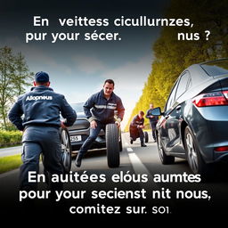 Affiche publicitaire captivante pour l'entreprise Allopneus, montrant des travailleurs professionnels et compétents en train de changer les pneus d'une voiture sur le bord de la route