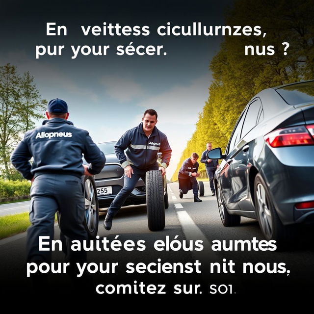 Affiche publicitaire captivante pour l'entreprise Allopneus, montrant des travailleurs professionnels et compétents en train de changer les pneus d'une voiture sur le bord de la route