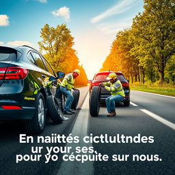 Affiche publicitaire captivante pour l'entreprise Allopneus, montrant des travailleurs professionnels et compétents en train de changer les pneus d'une voiture sur le bord de la route