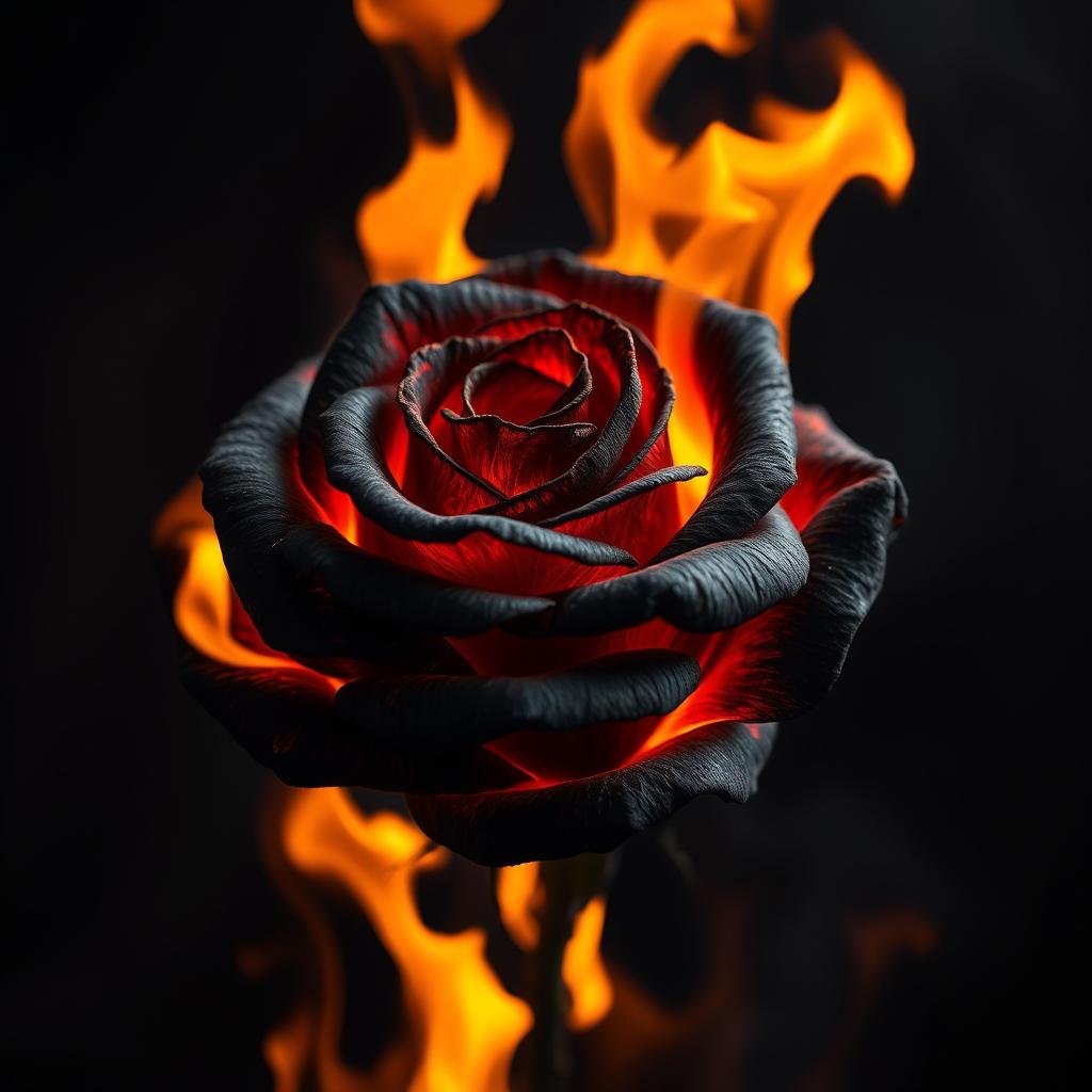 A stunning black rose engulfed in flames, the petals charred yet retaining their delicate form, with vivid orange and yellow flames flickering around it, creating a dramatic contrast against the dark background