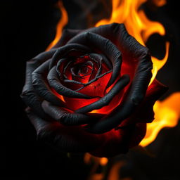 A stunning black rose engulfed in flames, the petals charred yet retaining their delicate form, with vivid orange and yellow flames flickering around it, creating a dramatic contrast against the dark background