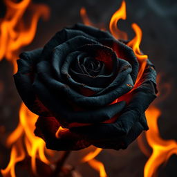 A stunning black rose engulfed in flames, the petals charred yet retaining their delicate form, with vivid orange and yellow flames flickering around it, creating a dramatic contrast against the dark background