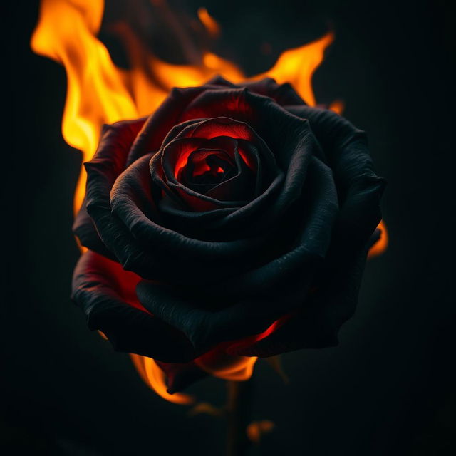 A stunning black rose engulfed in flames, the petals charred yet retaining their delicate form, with vivid orange and yellow flames flickering around it, creating a dramatic contrast against the dark background