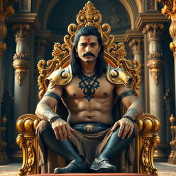 A handsome Indian king with long, straight hair and a sharp curly mustache sitting confidently on a grand golden throne