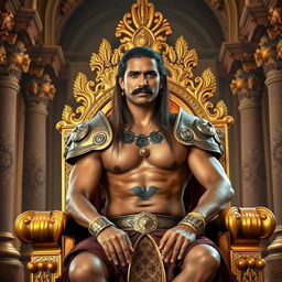 A handsome Indian king with long, straight hair and a sharp curly mustache sitting confidently on a grand golden throne