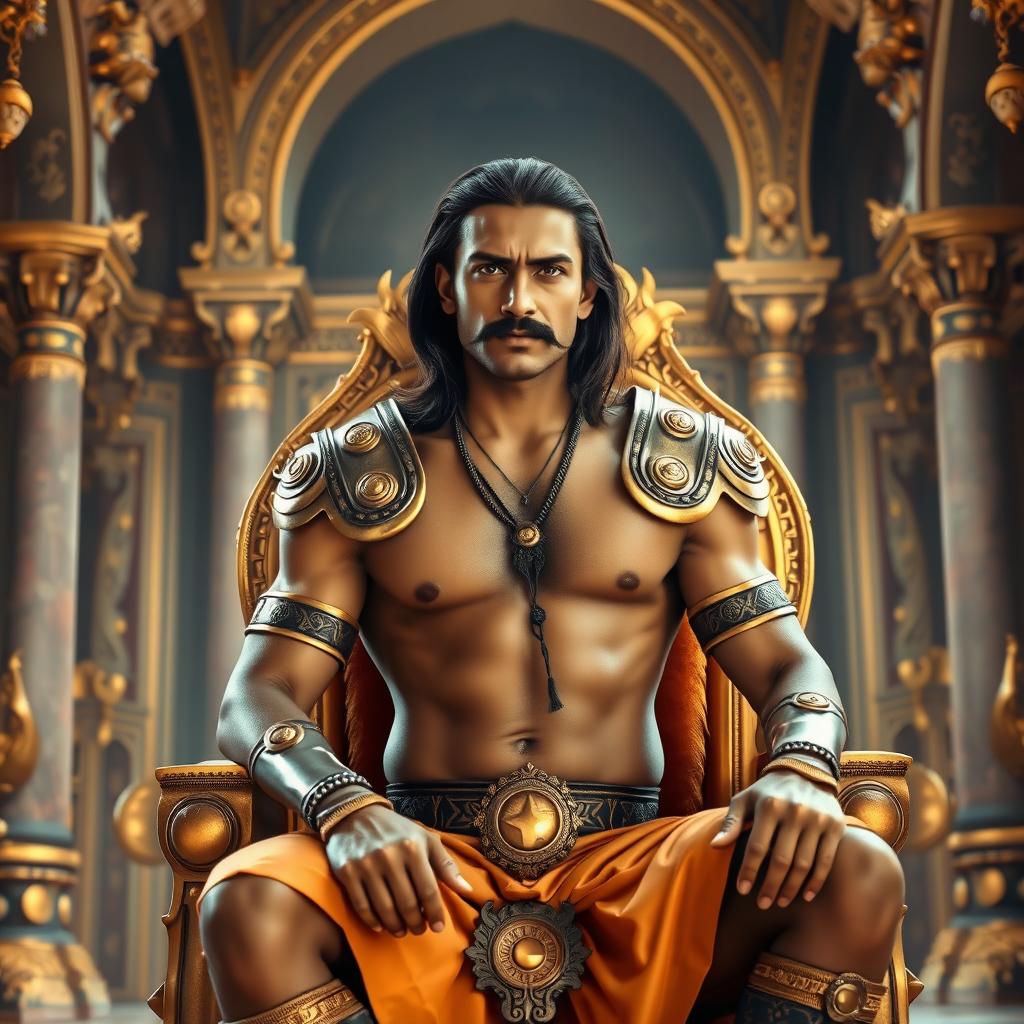 A handsome Indian king with long, straight hair and a sharp curly mustache sitting confidently on a grand golden throne