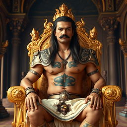 A handsome Indian king with long, straight hair and a sharp curly mustache sitting confidently on a grand golden throne