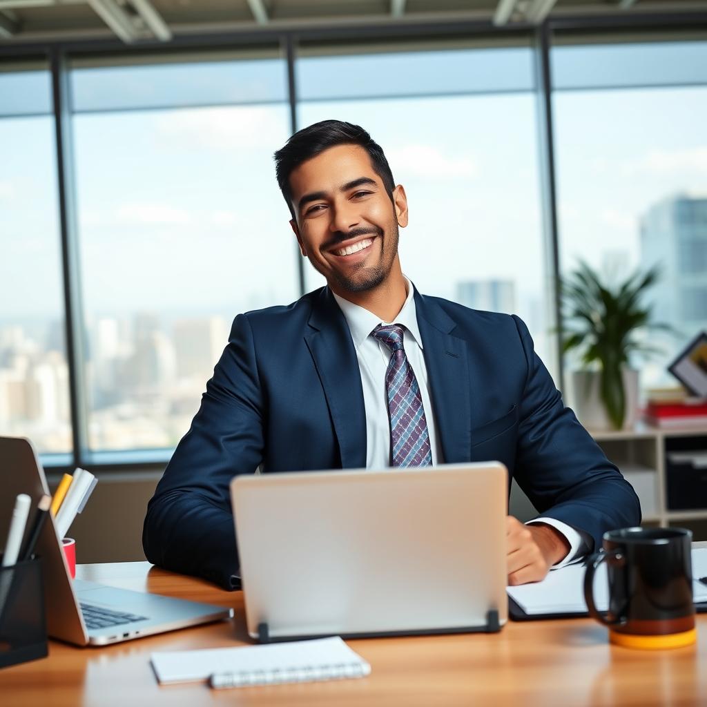 A Hispanic dad in business attire, working diligently at his desk in a modern office setting