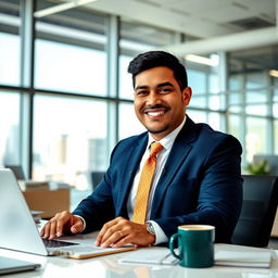 A Hispanic dad in business attire, working diligently at his desk in a modern office setting