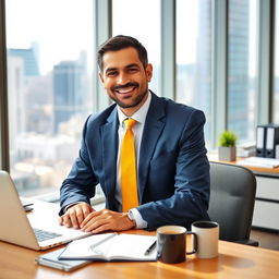 A Hispanic dad in business attire, working diligently at his desk in a modern office setting