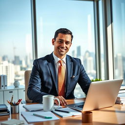 A Hispanic dad in business attire, working diligently at his desk in a modern office setting