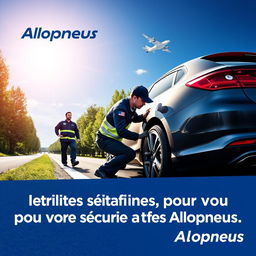 Affiche publicitaire séduisante pour l'entreprise Allopneus, illustrant des travailleurs professionnels en train de changer les pneus d'une voiture sur le bord de la route