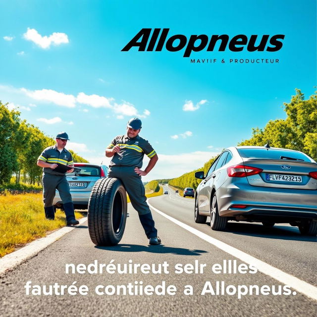 Affiche publicitaire séduisante pour l'entreprise Allopneus, illustrant des travailleurs professionnels en train de changer les pneus d'une voiture sur le bord de la route