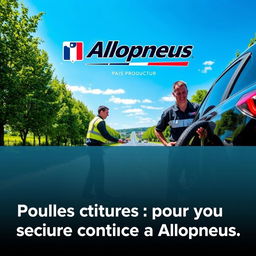 Affiche publicitaire séduisante pour l'entreprise Allopneus, illustrant des travailleurs professionnels en train de changer les pneus d'une voiture sur le bord de la route
