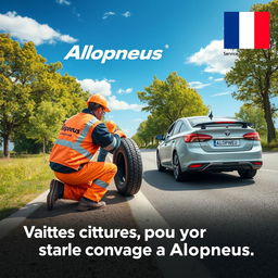 Affiche publicitaire séduisante pour l'entreprise Allopneus, illustrant des travailleurs professionnels en train de changer les pneus d'une voiture sur le bord de la route