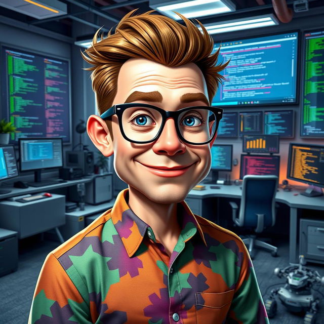 A satirical representation of a fictional character named George Droyd, resembling a blend of a tech genius with a quirky sense of style, depicted in a modern office environment filled with high-tech gadgets and screens displaying code