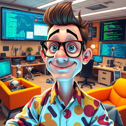 A satirical representation of a fictional character named George Droyd, resembling a blend of a tech genius with a quirky sense of style, depicted in a modern office environment filled with high-tech gadgets and screens displaying code