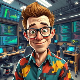 A satirical representation of a fictional character named George Droyd, resembling a blend of a tech genius with a quirky sense of style, depicted in a modern office environment filled with high-tech gadgets and screens displaying code