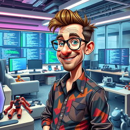 A satirical representation of a fictional character named George Droyd, resembling a blend of a tech genius with a quirky sense of style, depicted in a modern office environment filled with high-tech gadgets and screens displaying code