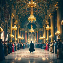The grand palace hall is majestic and opulent, filled with courtiers clad in colorful royal attire