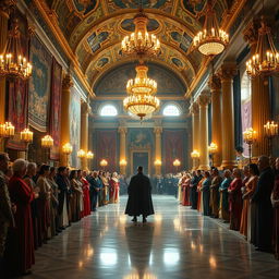 The grand palace hall is majestic and opulent, filled with courtiers clad in colorful royal attire