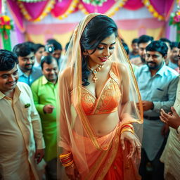 An elegant Indian bride wearing a stunning strapless bikini beneath a transparent saree that gracefully drapes over her figure, highlighting her beautiful curves and big cleavage